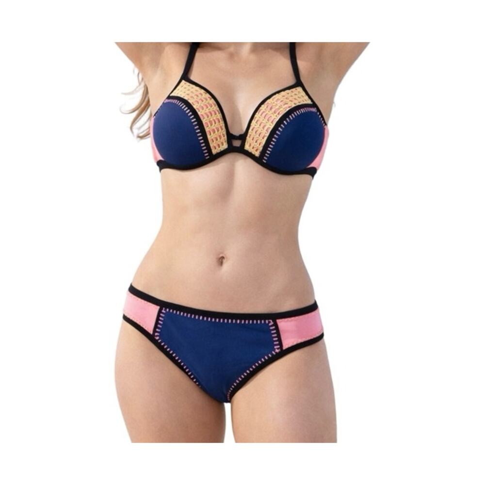 Victorias Secret Bikini Size Large 36C Bombshell 2 Pc  Blue Pink Crochet Molded